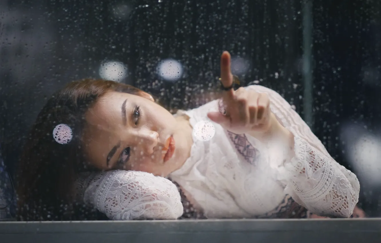 Photo wallpaper window, female, thoughtful, Water drops