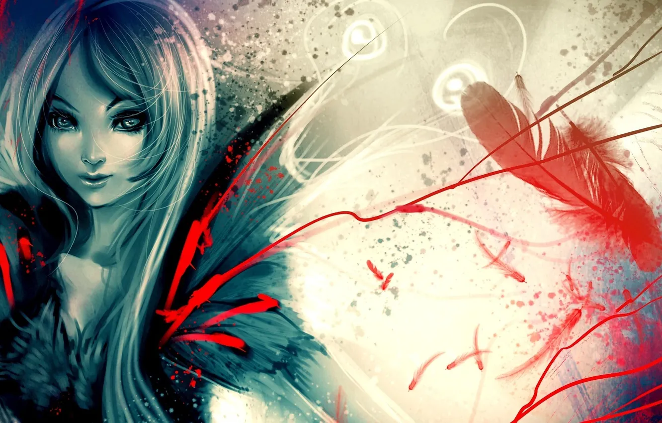 Photo wallpaper girl, line, abstraction, feathers, art, ryky