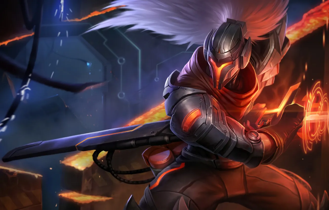 Photo wallpaper sword, samurai, helmet, cyborg, League of Legends, Yasuo, Unforgiven