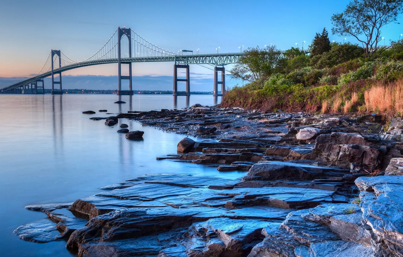 Photo wallpaper sea, stones, shore, the evening, USA, Claiborne Pell Newport Bridge in Rhode Island, rocky shores …
