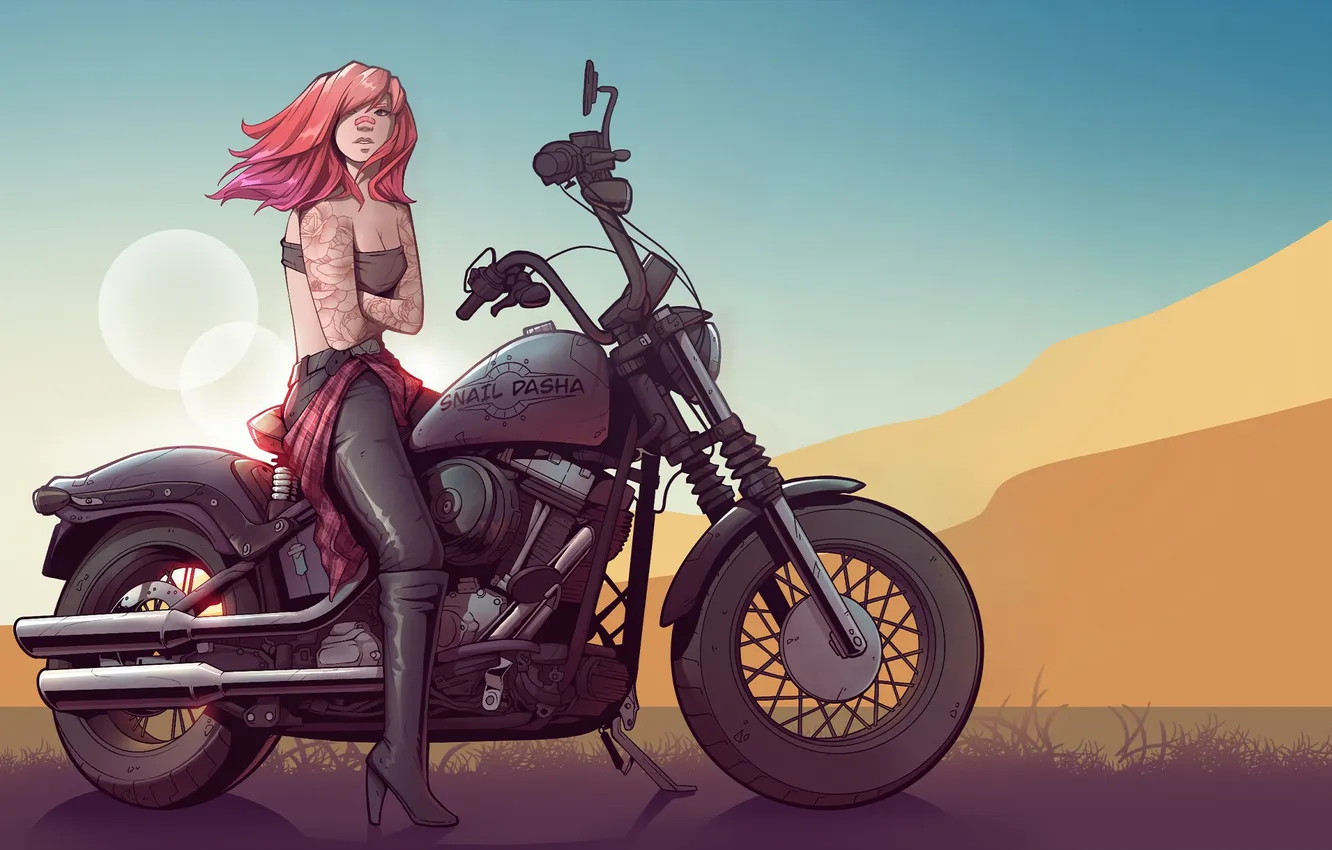 Photo wallpaper girl, desert, highway, art, motorcycle