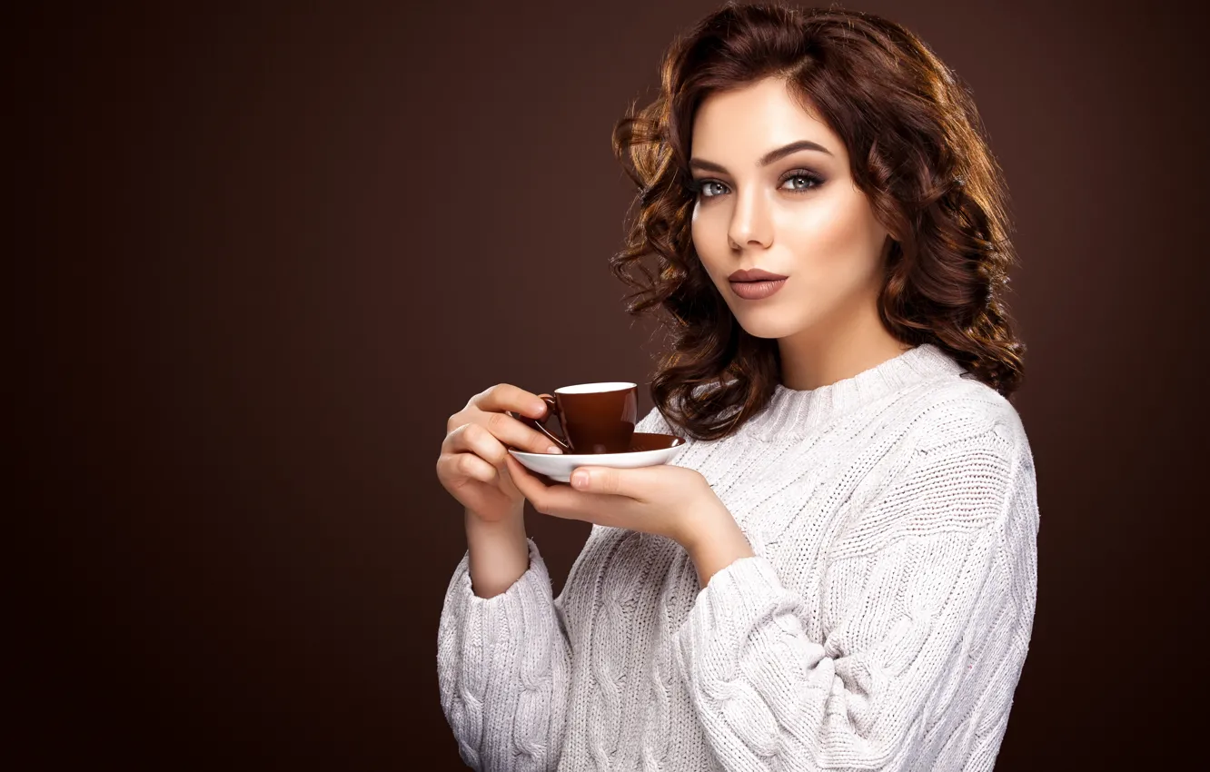 Photo wallpaper look, girl, coffee, hands, makeup, Cup