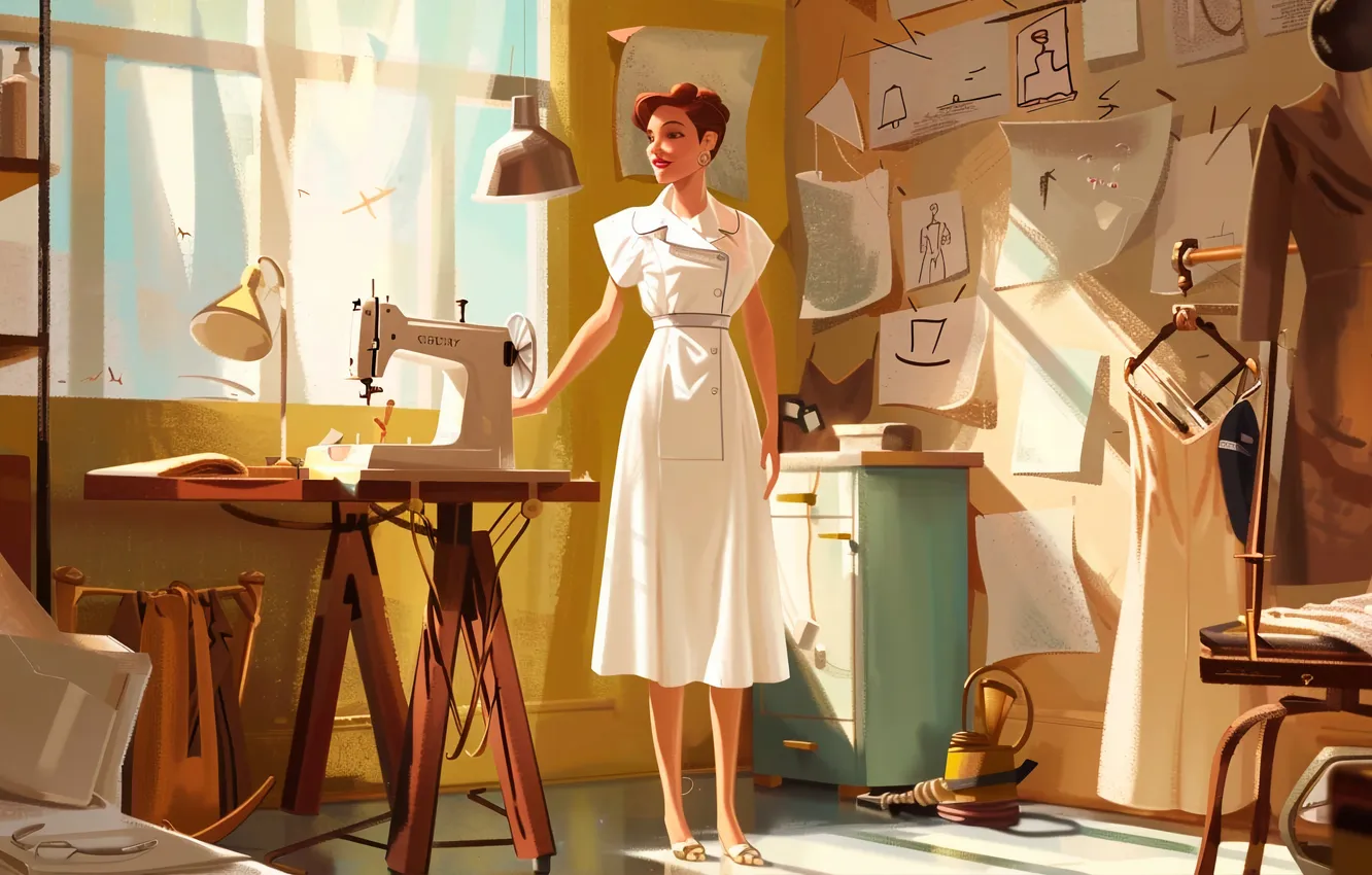 Photo wallpaper girl, sketch, designer, digital art, fashion designer, sewing machine, AI art, The Art of Artificial …