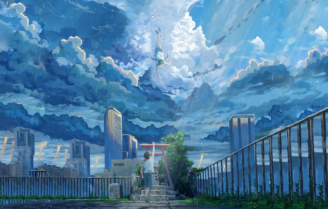 Photo wallpaper girl, clouds, the city, guy, Hina Amano, Hodaka Morishima, Child Of The Weather, Tenki no …
