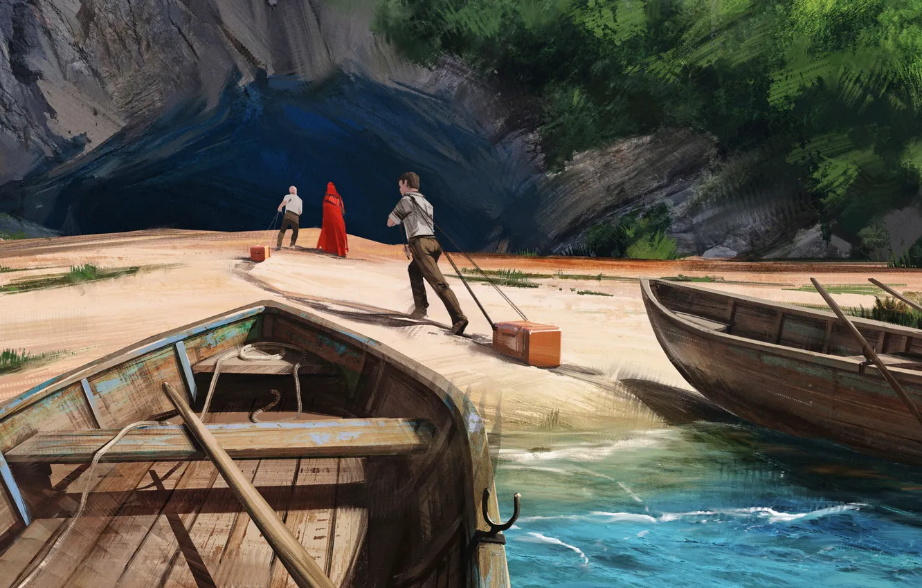Photo wallpaper shore, boat, people, cave, Expedition