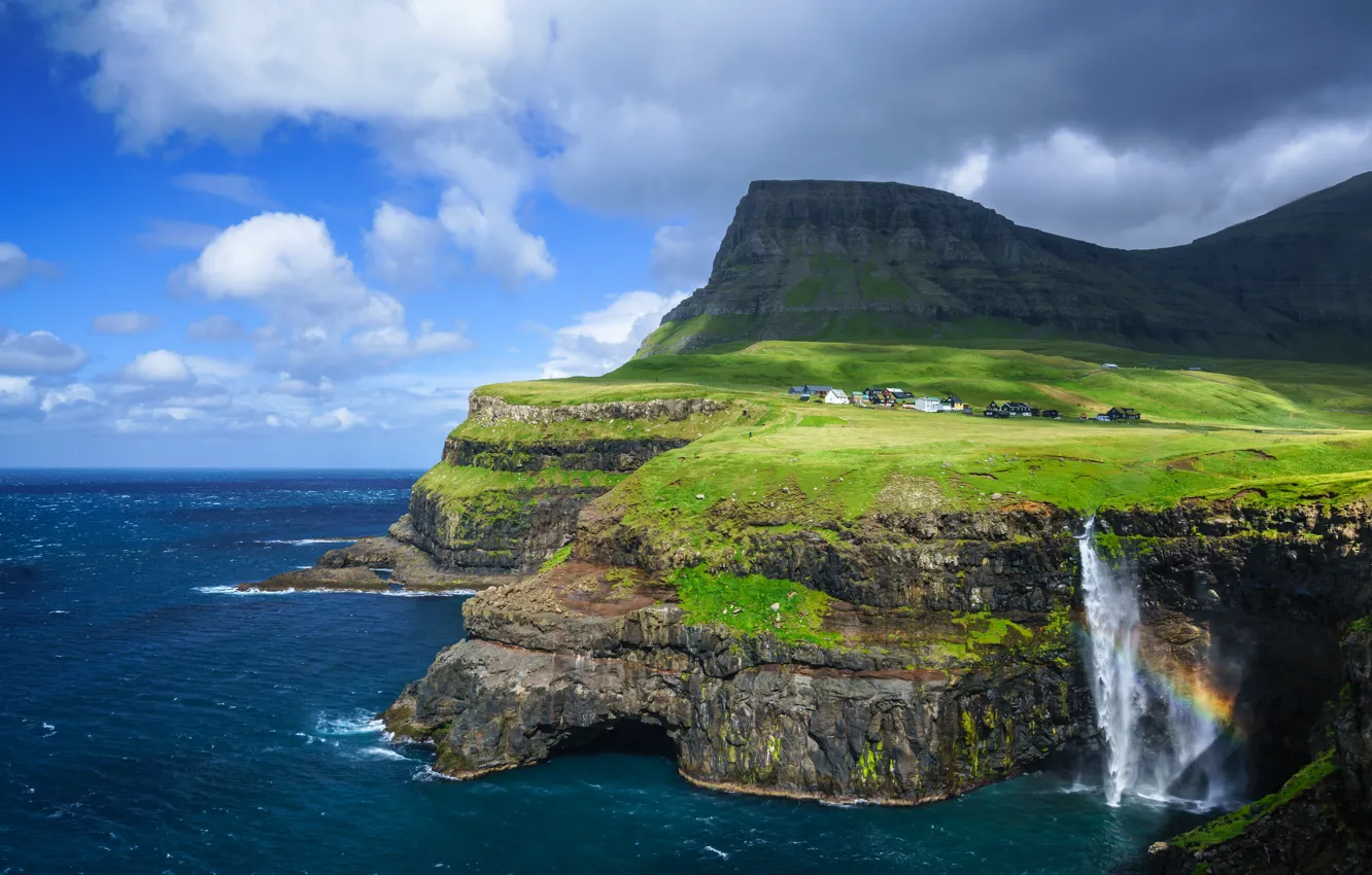 Photo wallpaper sea, the sky, clouds, mountains, open, rocks, shore, waterfall