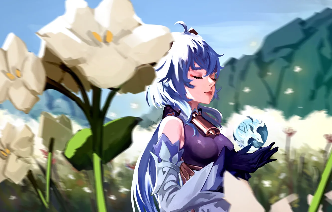 Photo wallpaper flowers, magic, fantasy, girl, Ganyu, Genshin Impact