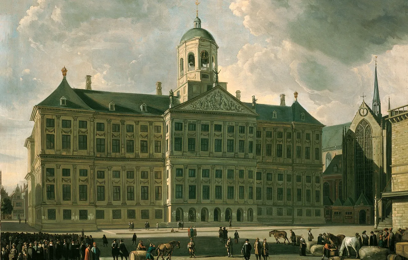 Photo wallpaper oil, picture, the urban landscape, 1673, Gerrit Adriaenszoon Berckheyde, Gerrit Adriaenszoon Berckheyde, Town hall on …