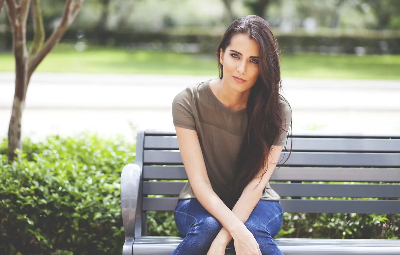 Photo wallpaper girl, eyes, beautiful, bench