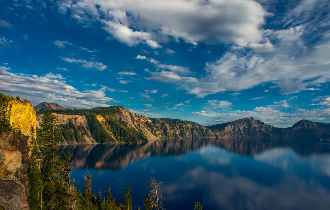 Photo wallpaper clouds, mountains, lake, reflection