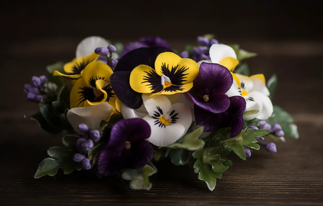 Photo wallpaper purple, flowers, yellow, the dark background, black background, Pansy, a bunch, composition