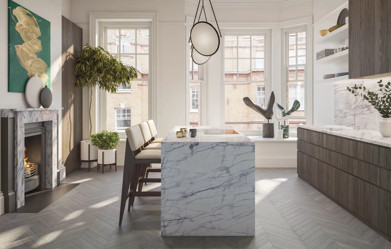 Photo wallpaper interior, kitchen, fireplace