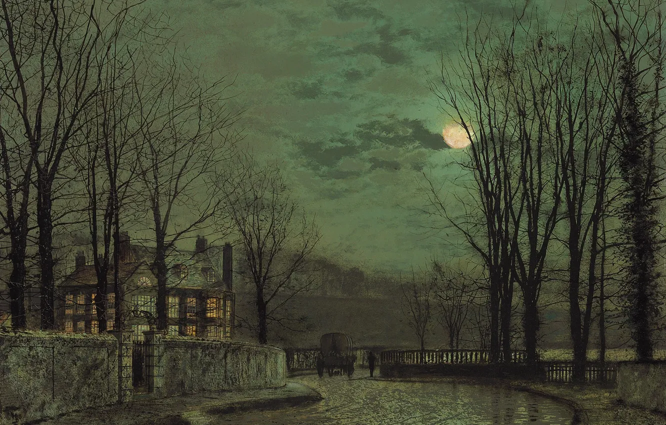 Photo wallpaper trees, house, street, the fence, picture, wagon, the urban landscape, John Atkinson Grimshaw
