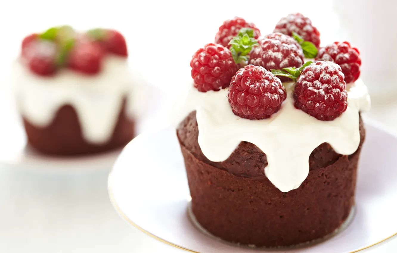 Photo wallpaper berries, raspberry, white background, cake, mint, cream, dessert, saucer
