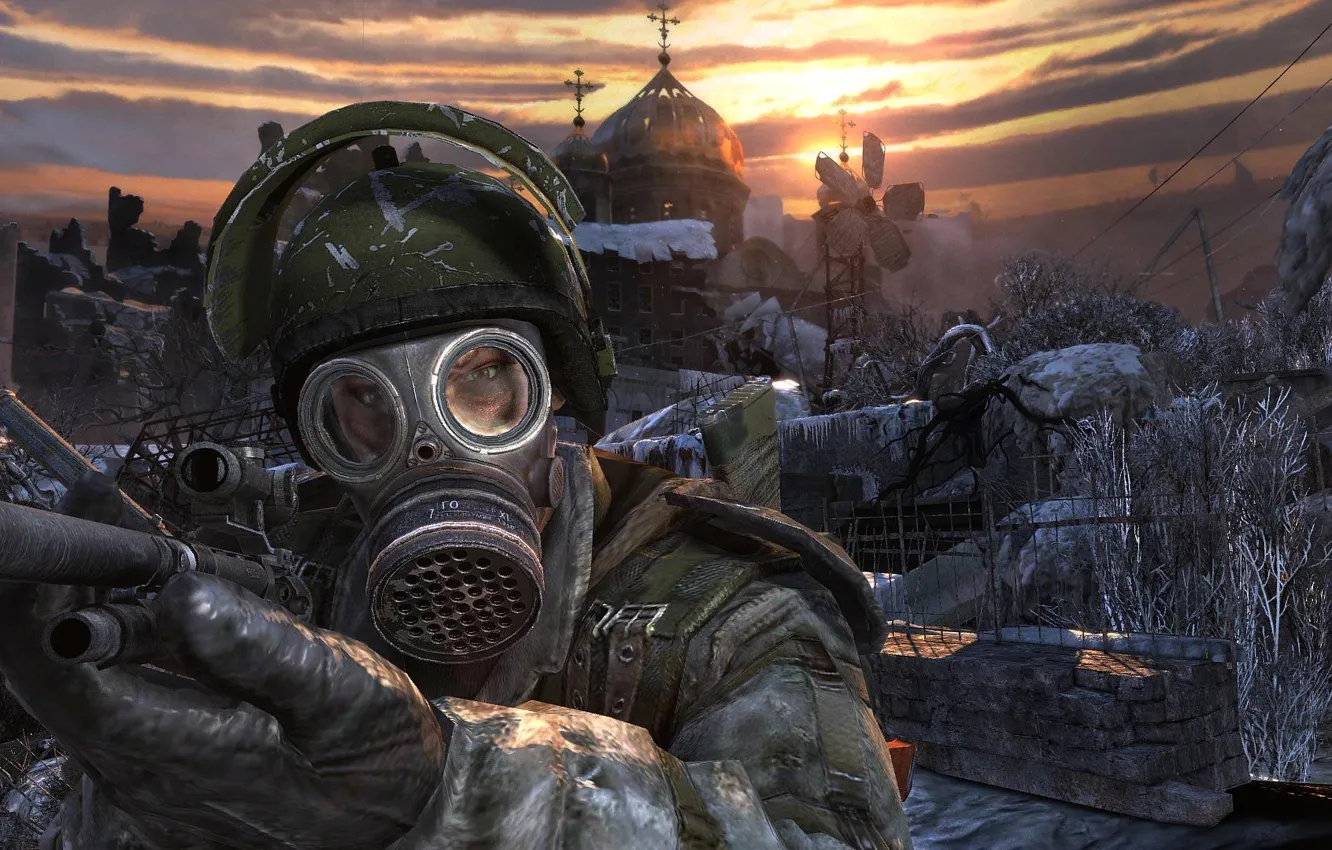 Photo wallpaper Church, gas mask, Metro 2033, the ruined city