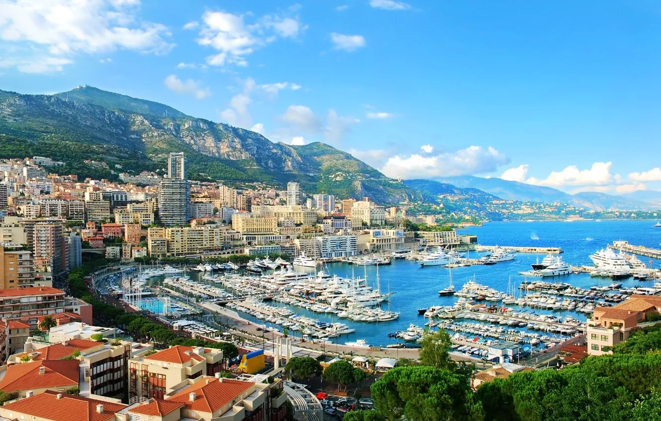 Photo wallpaper sea, mountains, yacht, the hotel, Monaco, sea, mountains, houses