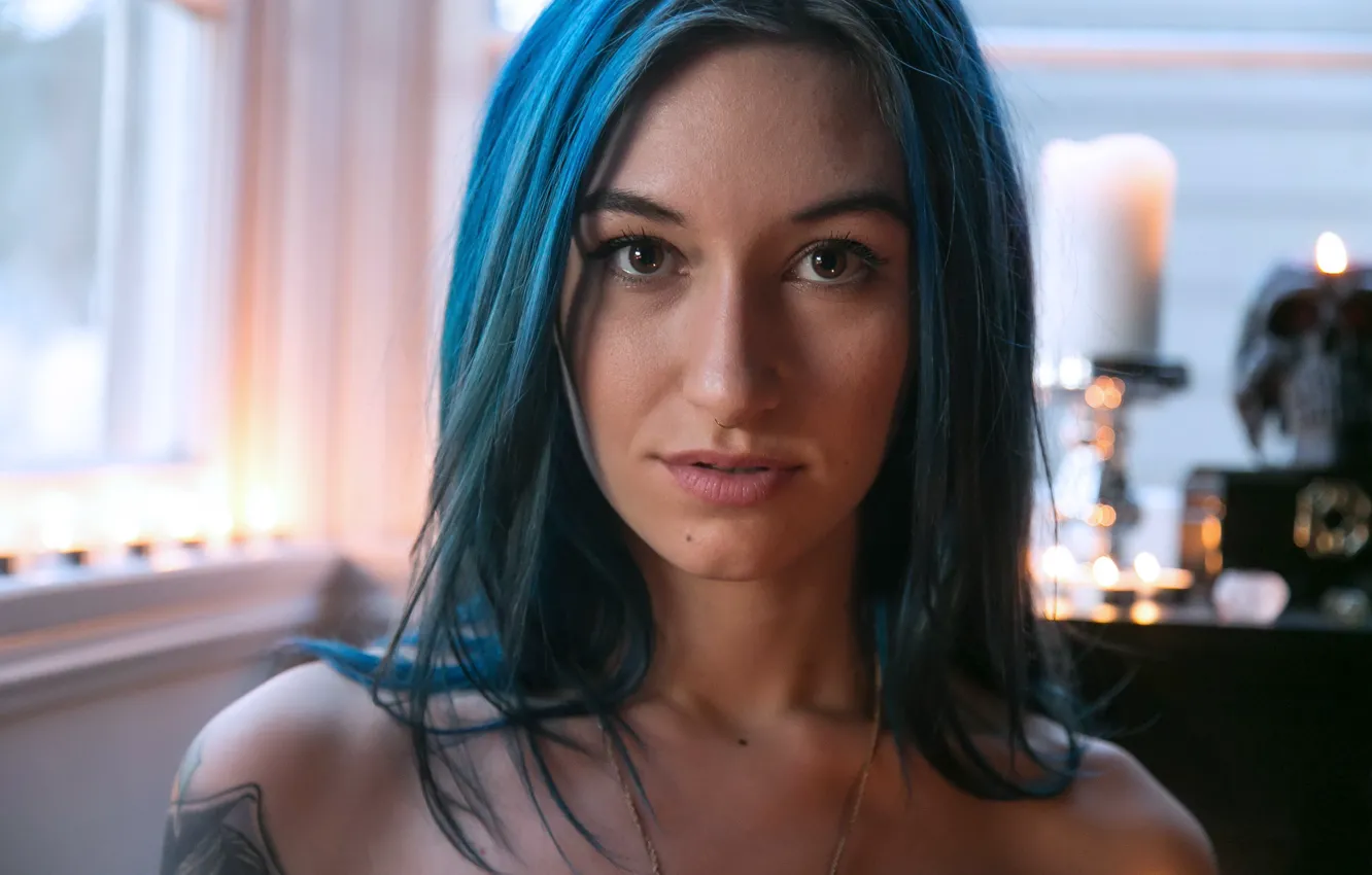 Photo wallpaper girl, model, tattoo, moon, blue hair