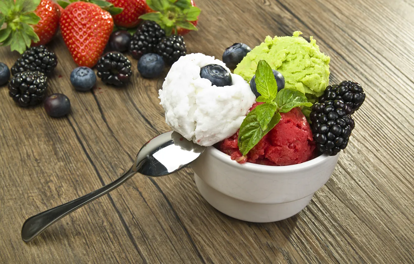 Photo wallpaper balls, berries, blueberries, strawberry, spoon, ice cream, dessert, BlackBerry
