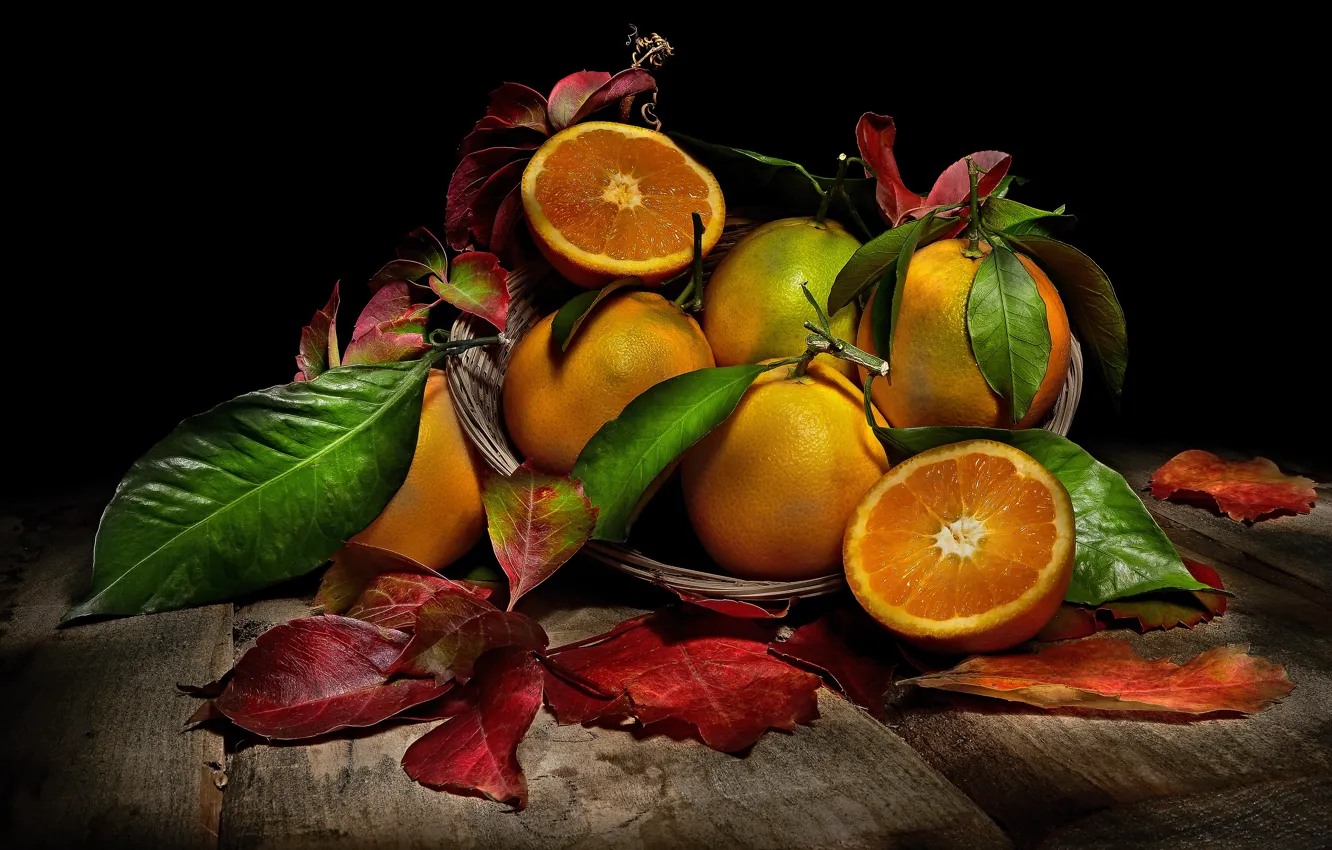 Photo wallpaper leaves, Board, food, oranges, fruit, black background, still life, basket