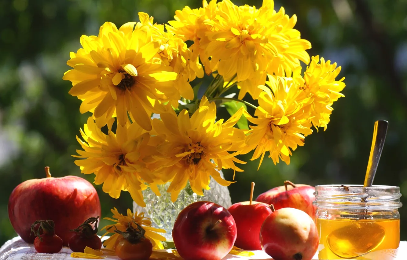 Photo wallpaper autumn, flowers, holiday, apples, honey, still life, saved