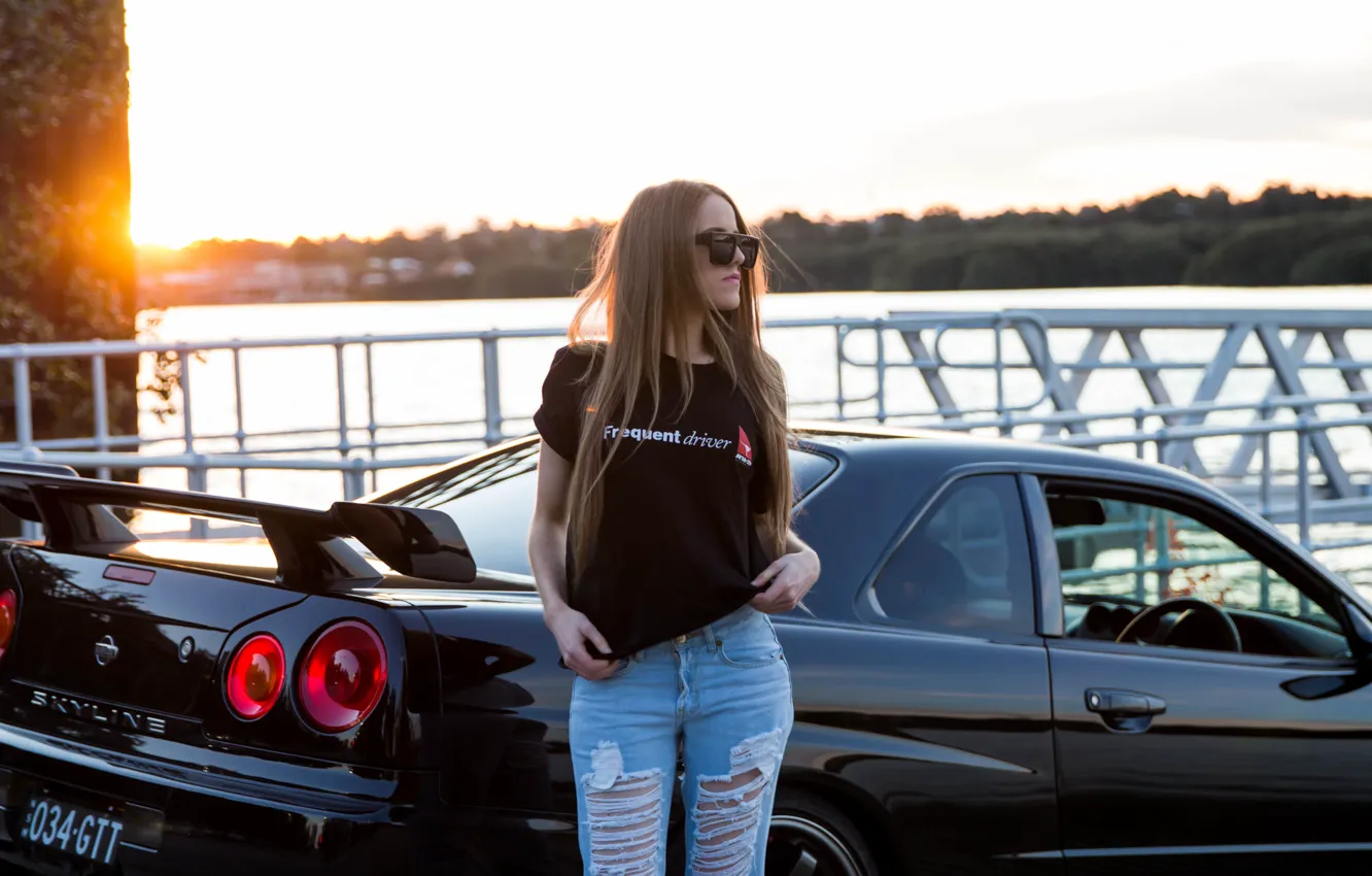Photo wallpaper girl, Nissan, Nissan Skyline, R34, Skyline R34