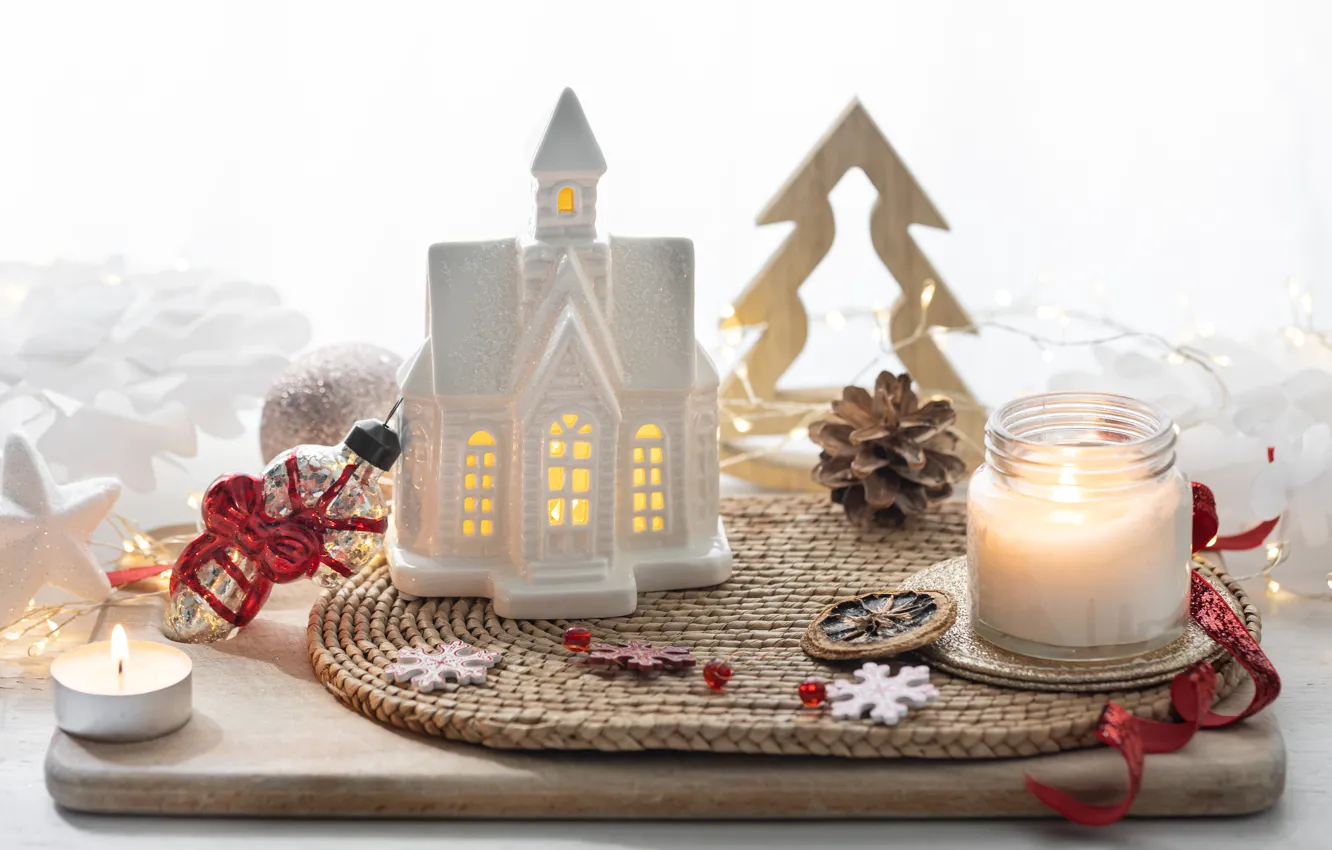 Photo wallpaper balls, light, snowflakes, comfort, holiday, toy, new year, candles