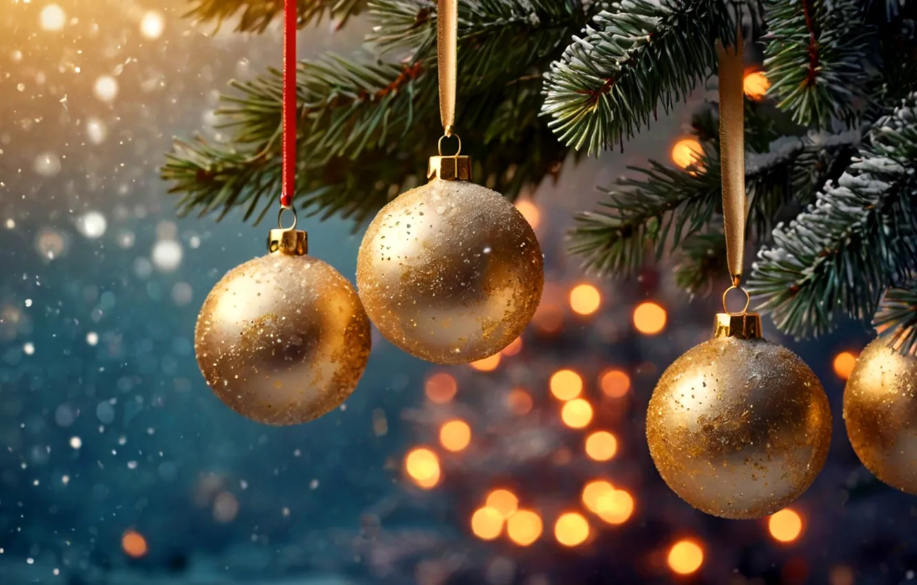 Photo wallpaper balls, branches, new year, needles