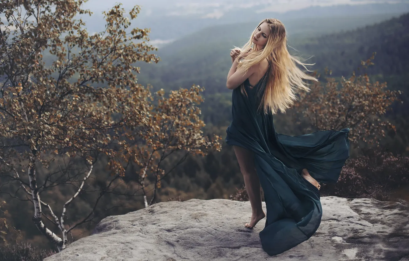 Photo wallpaper autumn, girl, mountains, nature, dress, blonde, birch