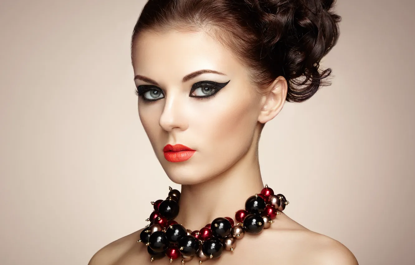 Photo wallpaper portrait, makeup, hairstyle, beads, brown hair, decoration, model, Oleg Gekman