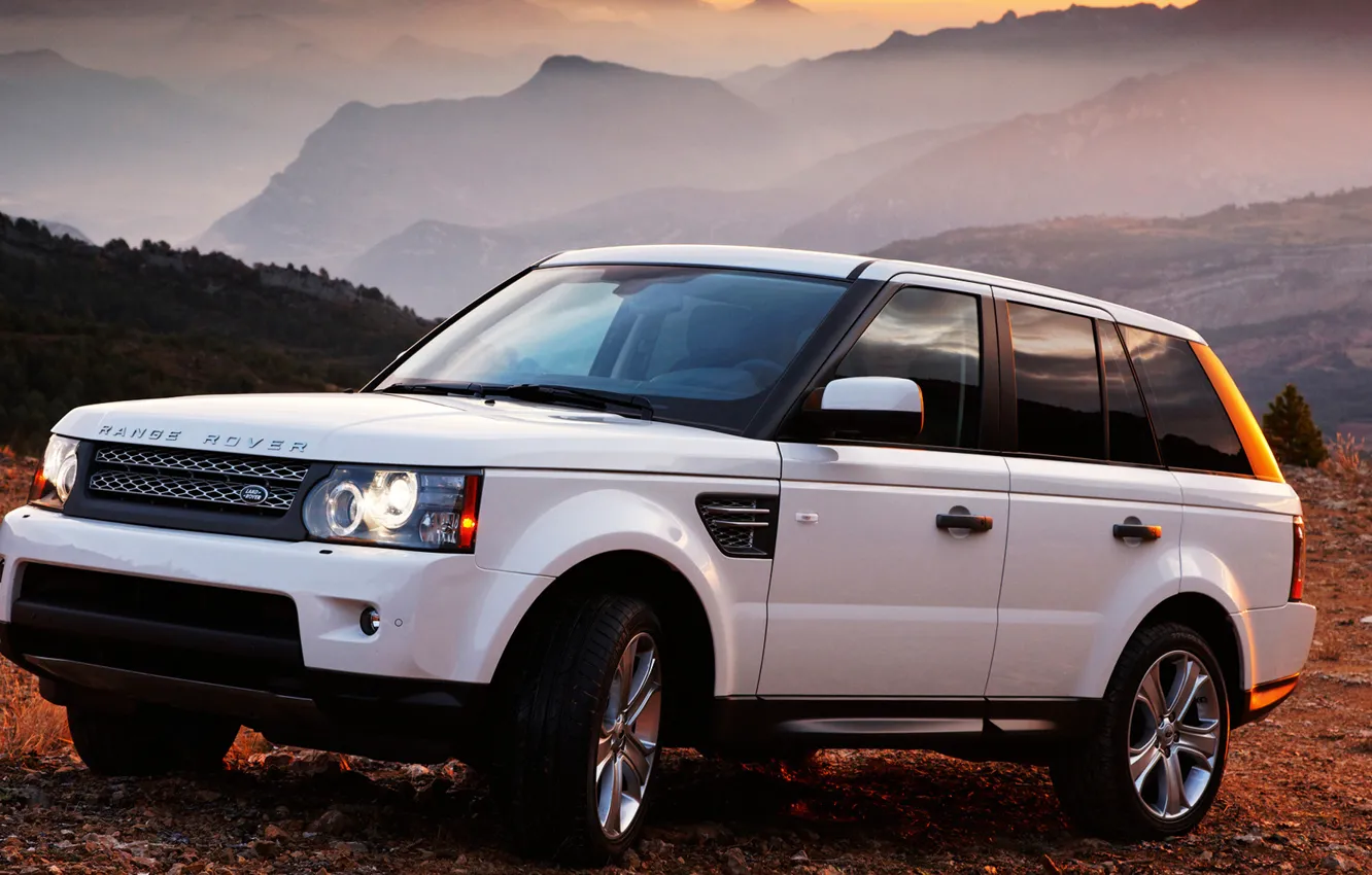 Photo wallpaper auto, white, sunset, mountains, machine, cars, range rover