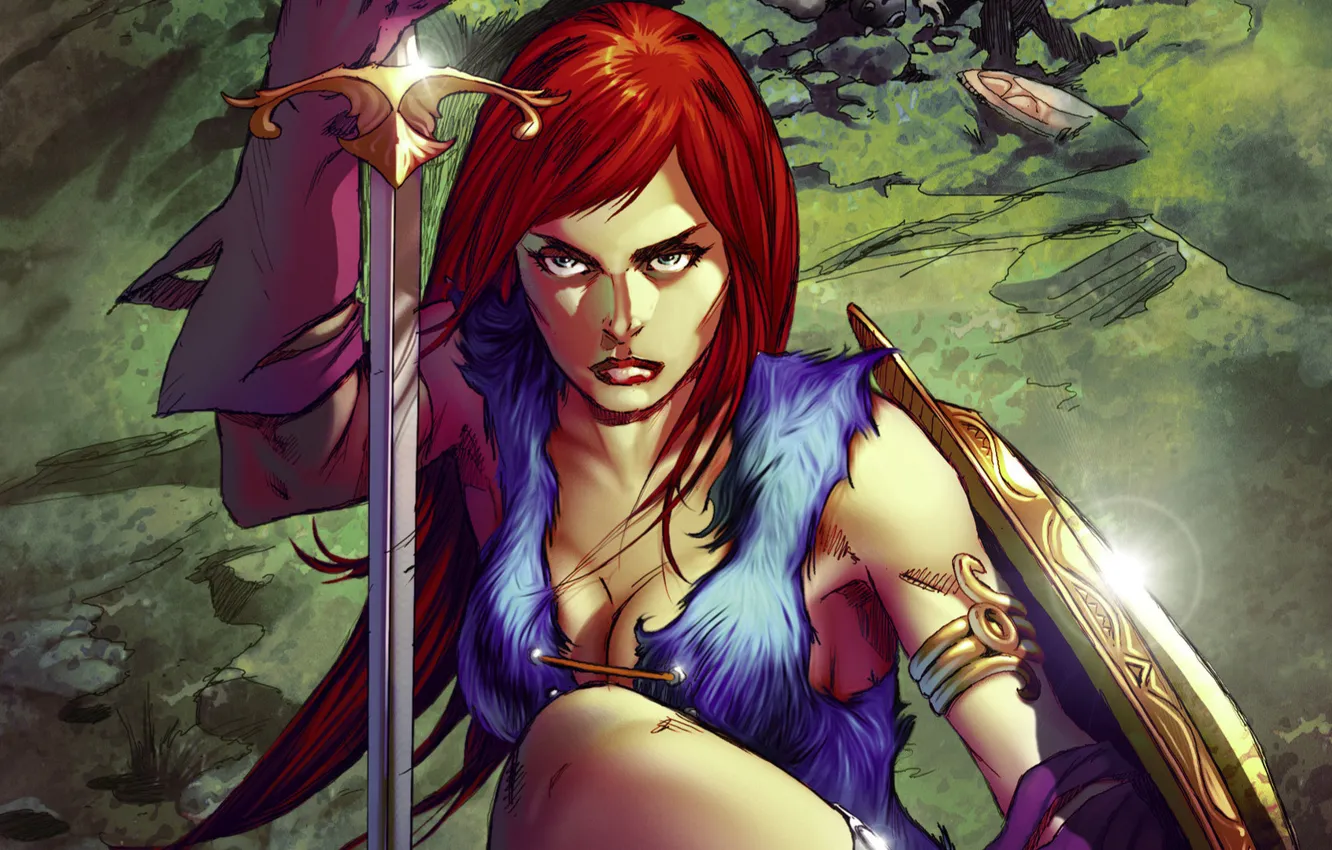 Photo wallpaper background, woman, sword, warrior, comic, Red Sonja, Red Sonja