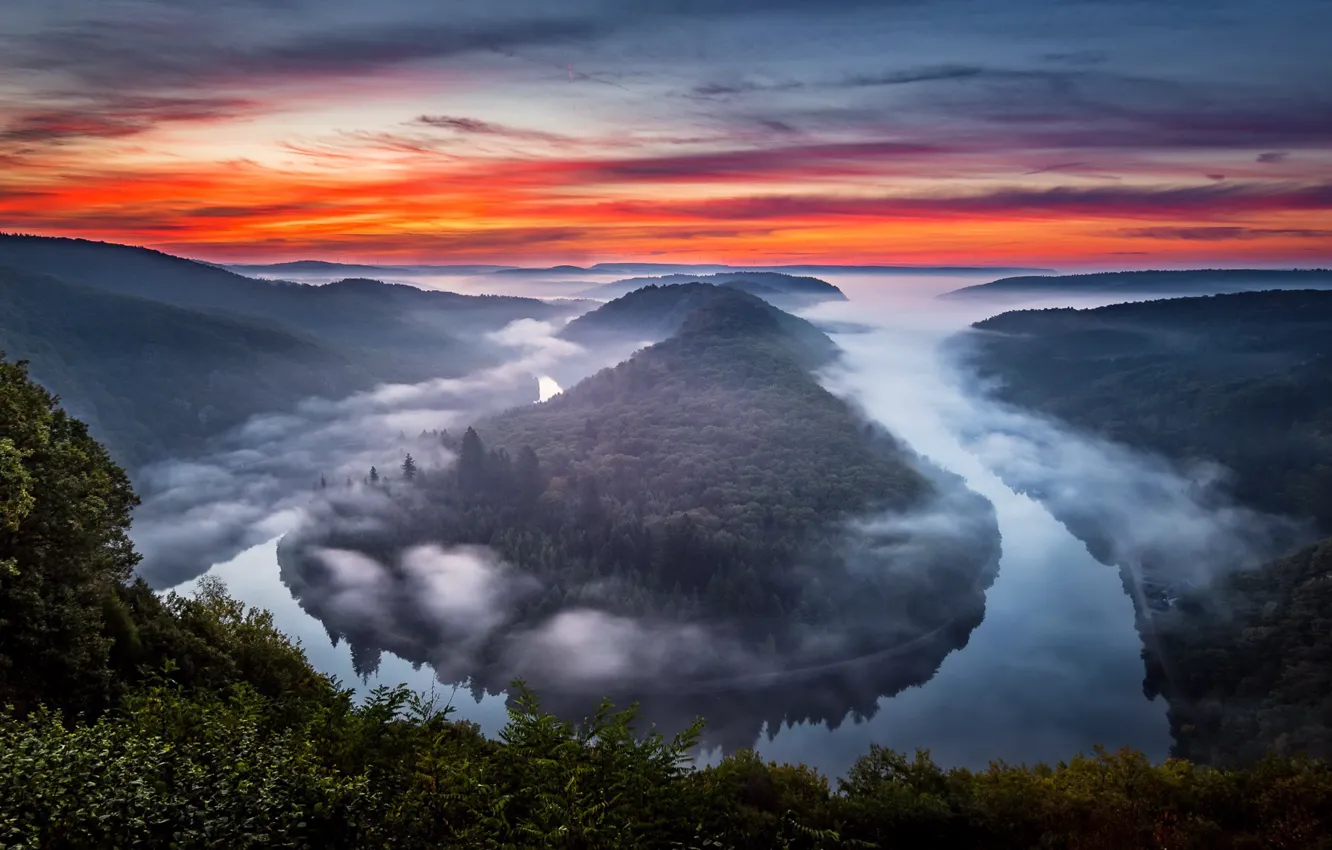 Photo wallpaper river, Germany, autumn, Saar loop, fog, sunrise, atmosphere, mystical