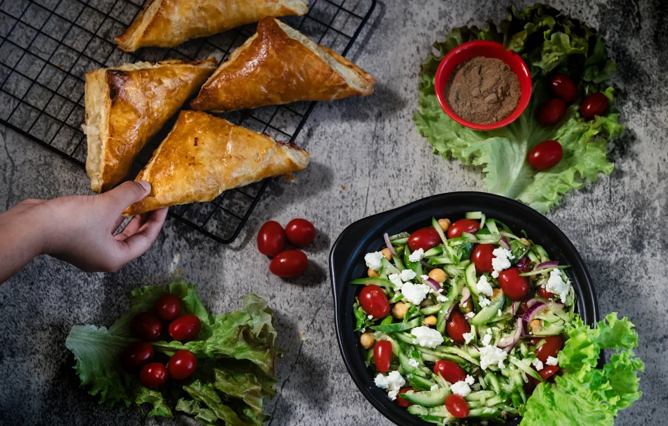 Photo wallpaper table, food, salad, cakes, puff