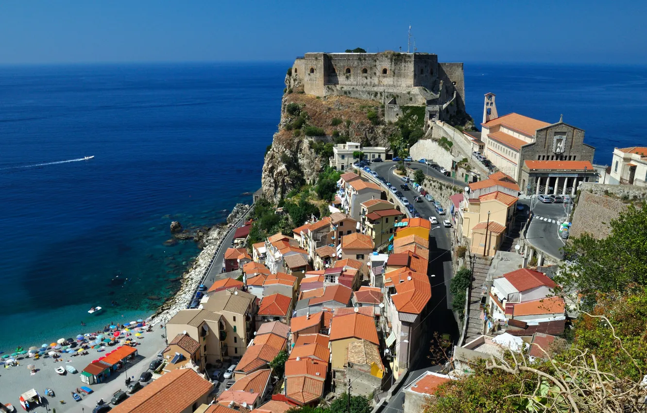 Photo wallpaper roof, sea, home, Italy, Calabria, Shilla, Ruffo Castle