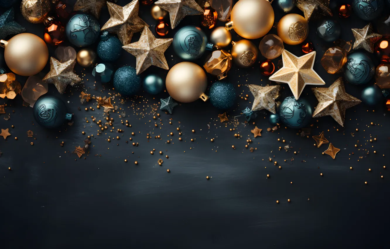 Photo wallpaper decoration, the dark background, balls, new year, Christmas, dark, golden, Christmas