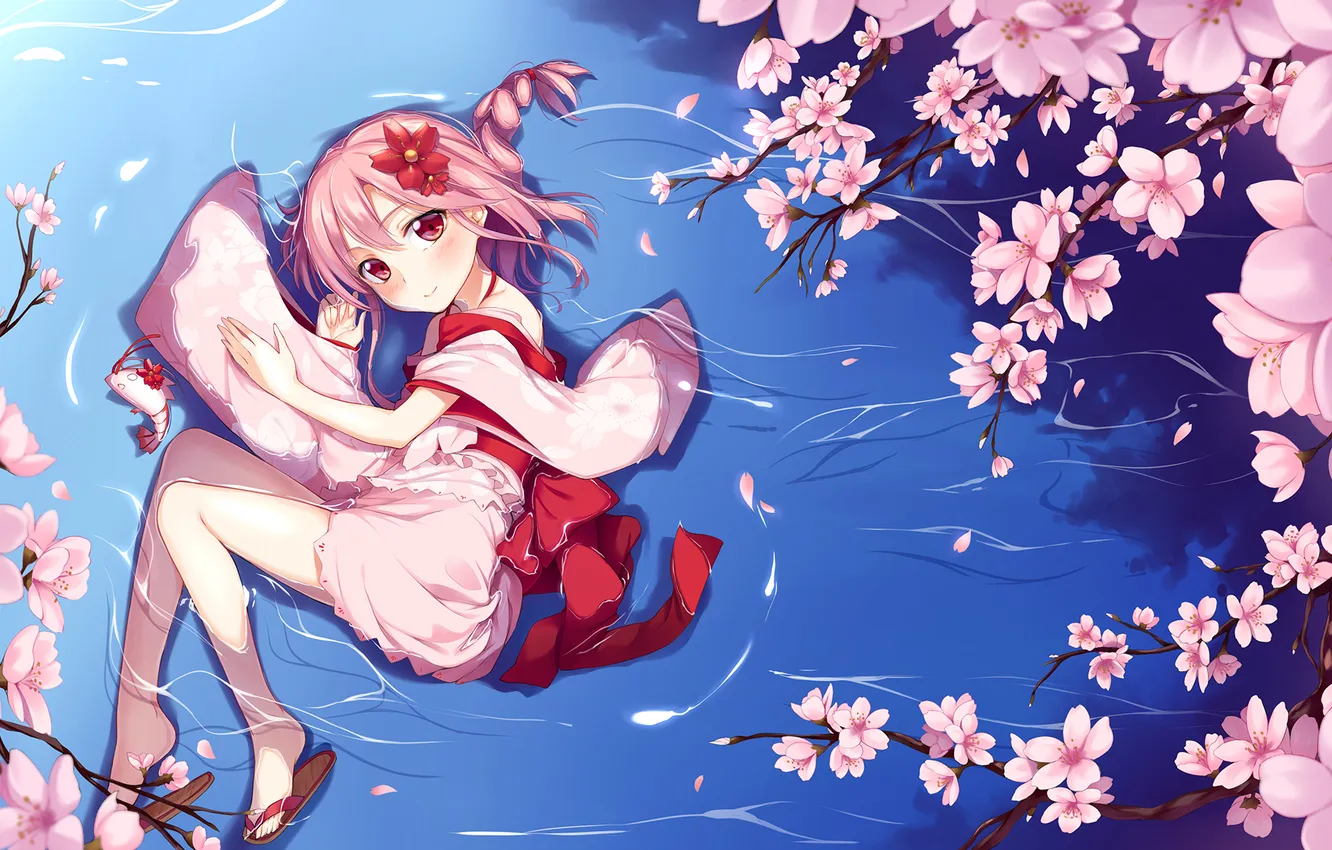Photo wallpaper look, water, girl, pose, smile, Sakura, lies, art