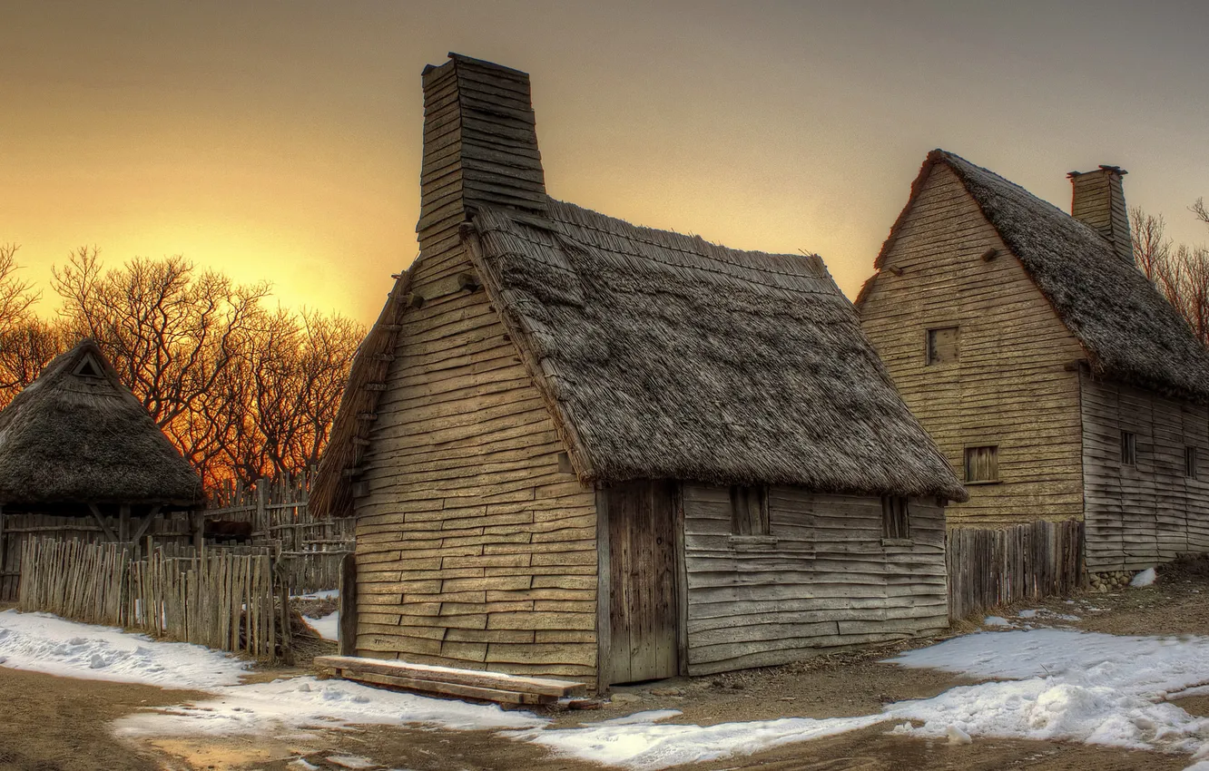 Photo wallpaper the sky, snow, trees, sunset, home, village