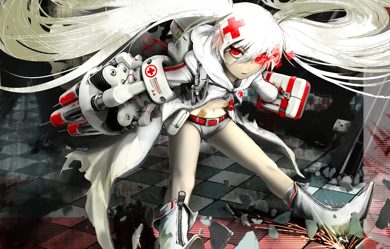 Photo wallpaper Black Rock Shooter, medic, Catch The Worm, red cross, syringes, patches