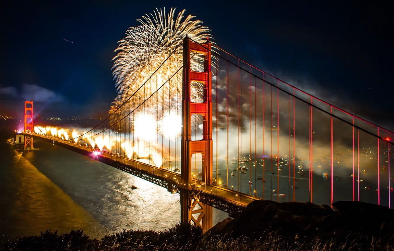 Photo wallpaper golden, bridge, fireworks, celebration, gate
