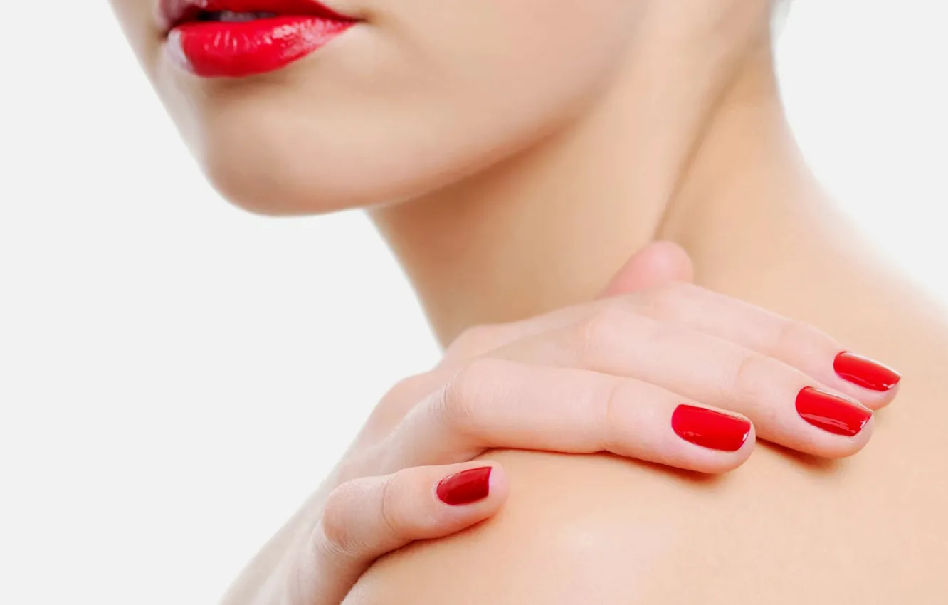 Photo wallpaper girl, face, lipstick, lips, neck, manicure
