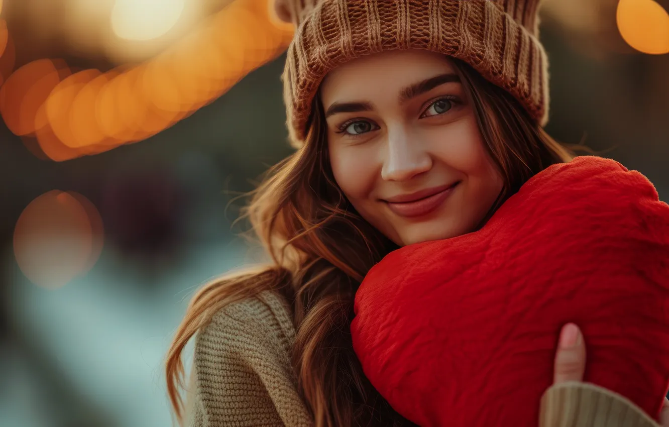 Photo wallpaper look, girl, pose, smile, holiday, red, hat, heart