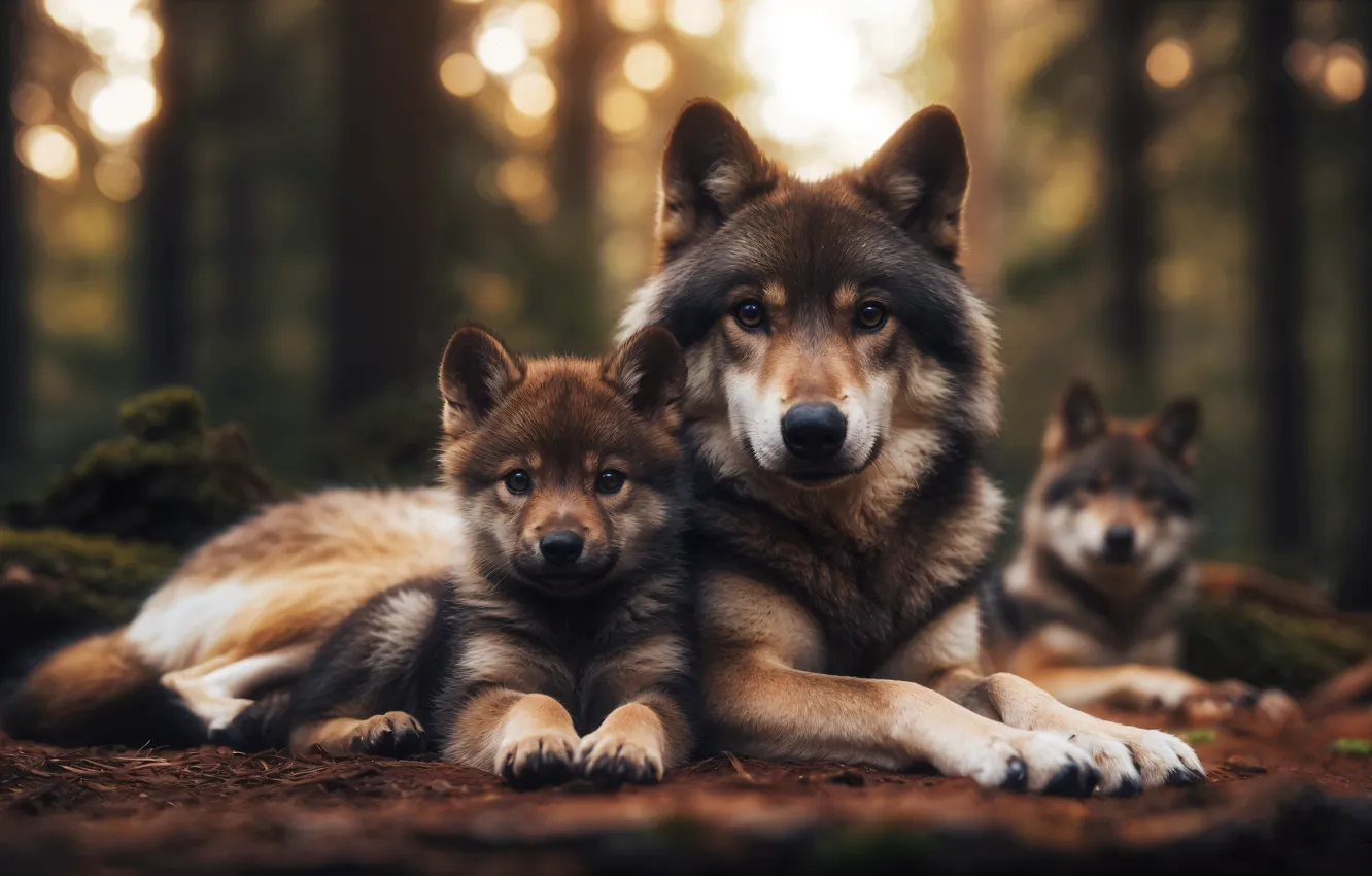 Photo wallpaper forest, look, light, wolf, wolf, bokeh, the cub, mother
