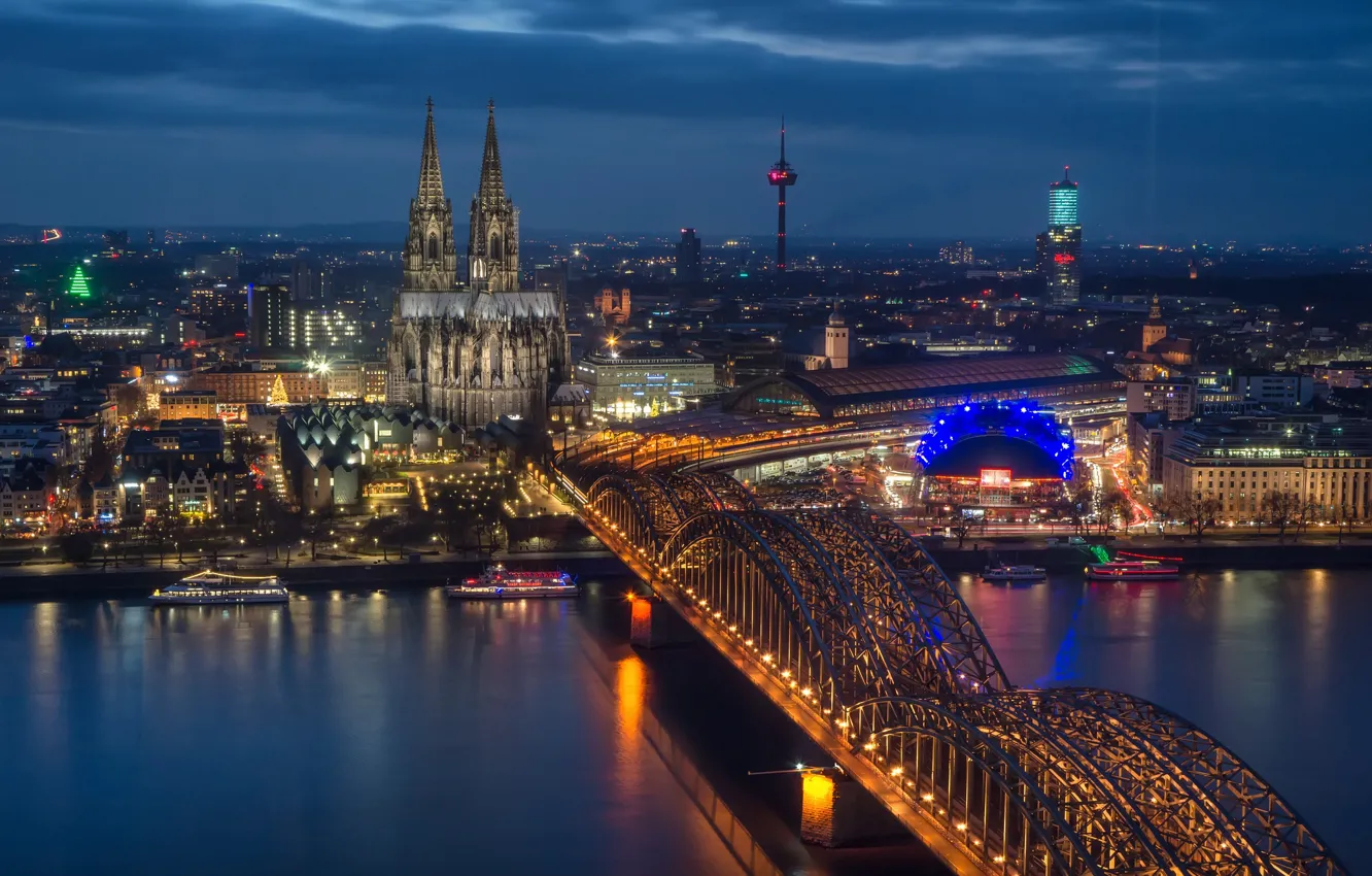 Photo wallpaper bridge, lights, river, Germany, panorama, Cathedral, Cologne