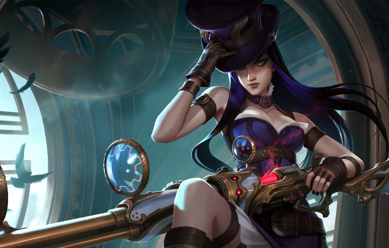 Photo wallpaper girl, fantasy, game, long hair, weapon, hat, blue eyes, League of Legends