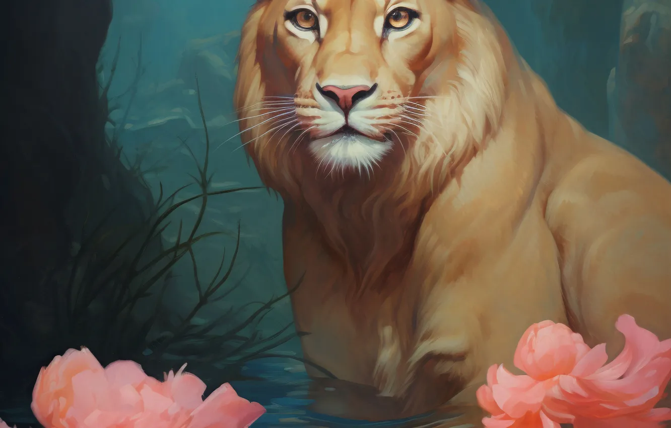 Photo wallpaper look, face, water, flowers, lioness, big cat, predator, digital art