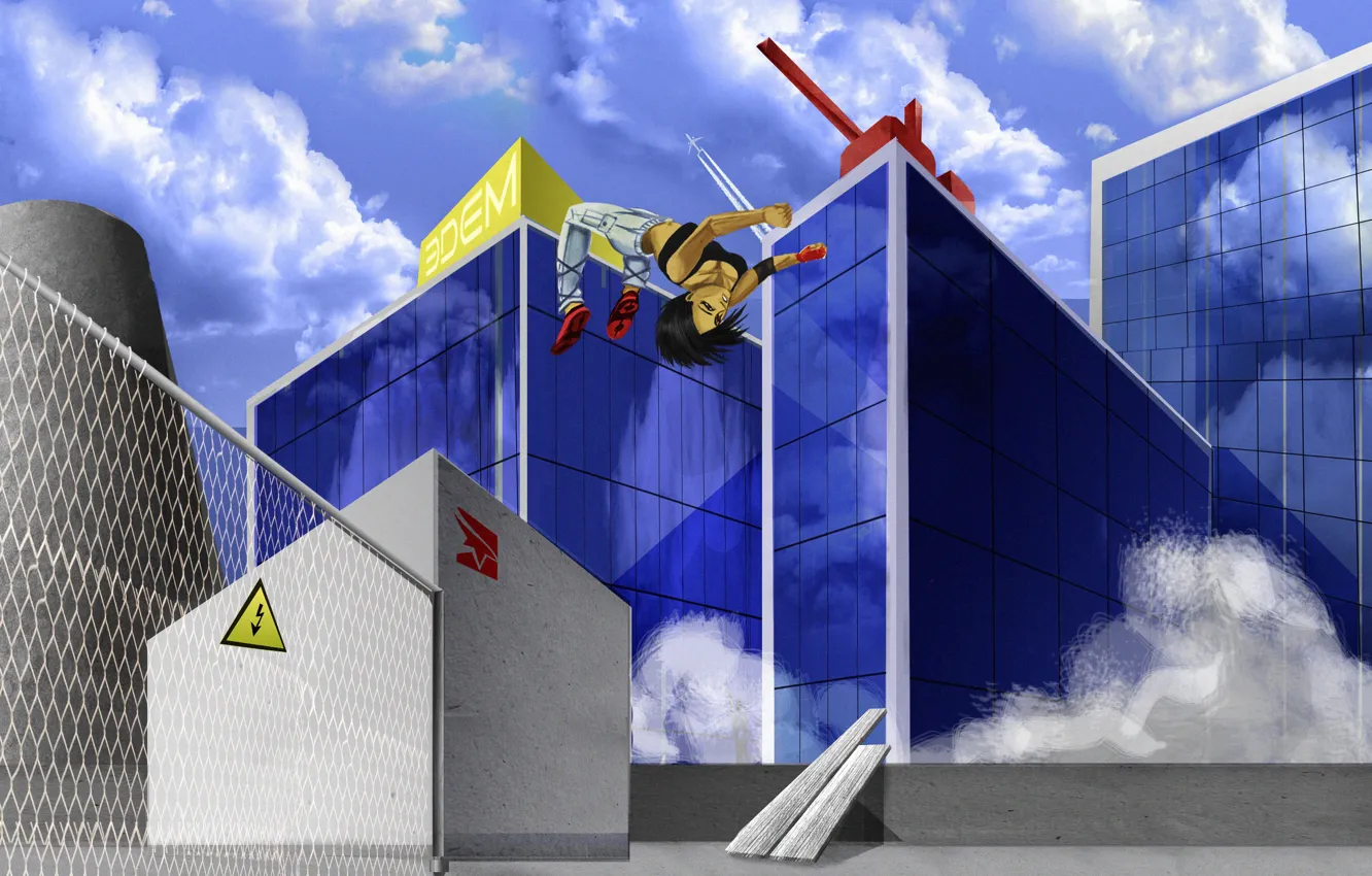 Photo wallpaper game, sky blue, Mirrors Edge, Faith Connors, artist airmonger