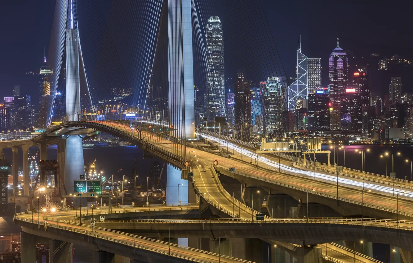 Photo wallpaper night, bridge, the city, lights, Hong Kong, China, Stonecutters` Bridge，HongKong