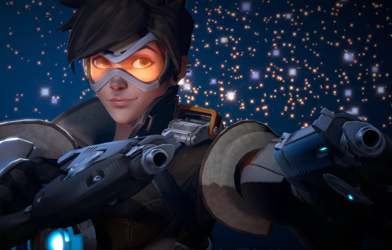 Photo wallpaper girl, gun, pistol, game, weapon, Overwatch, Tracer, by lemon100