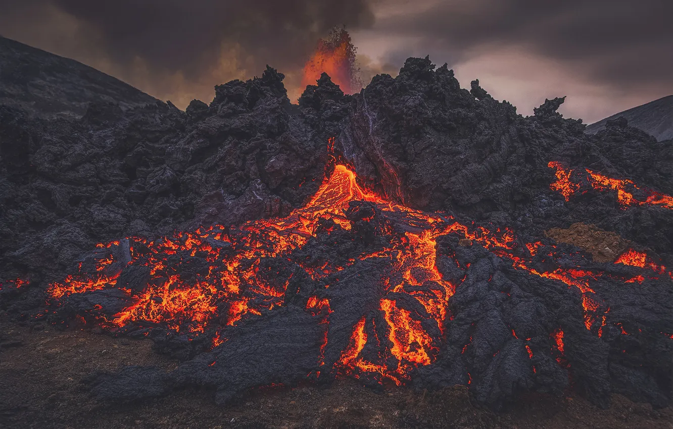 Photo wallpaper landscape, mountains, lights, the volcano, the eruption, lava