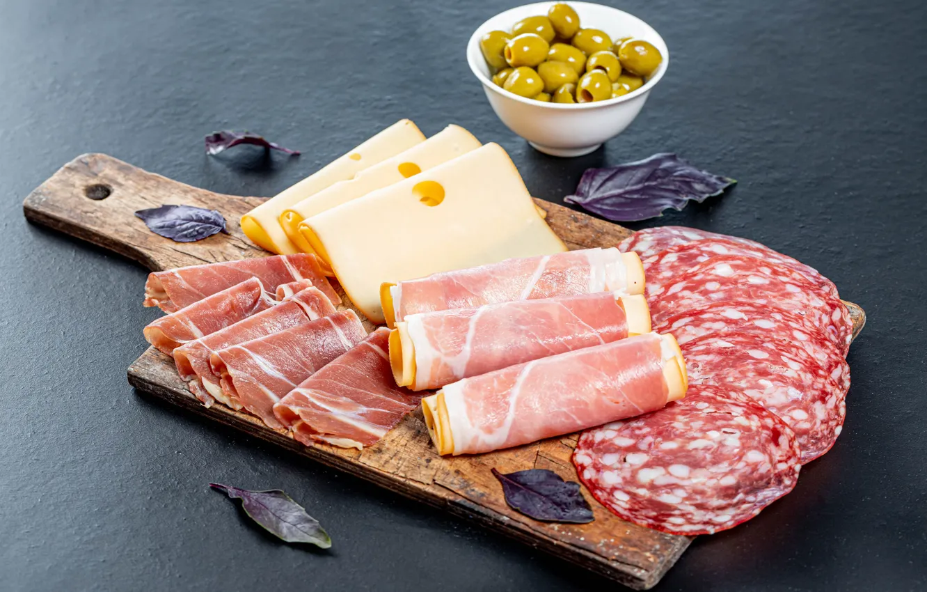 Photo wallpaper Board, cheese, olives, sausage, bacon, cheese, sausage, ham